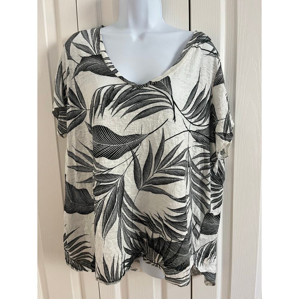 Tahari Women's Black White Palm Leaf Tropical Floral Print 100% Linen Size 1X